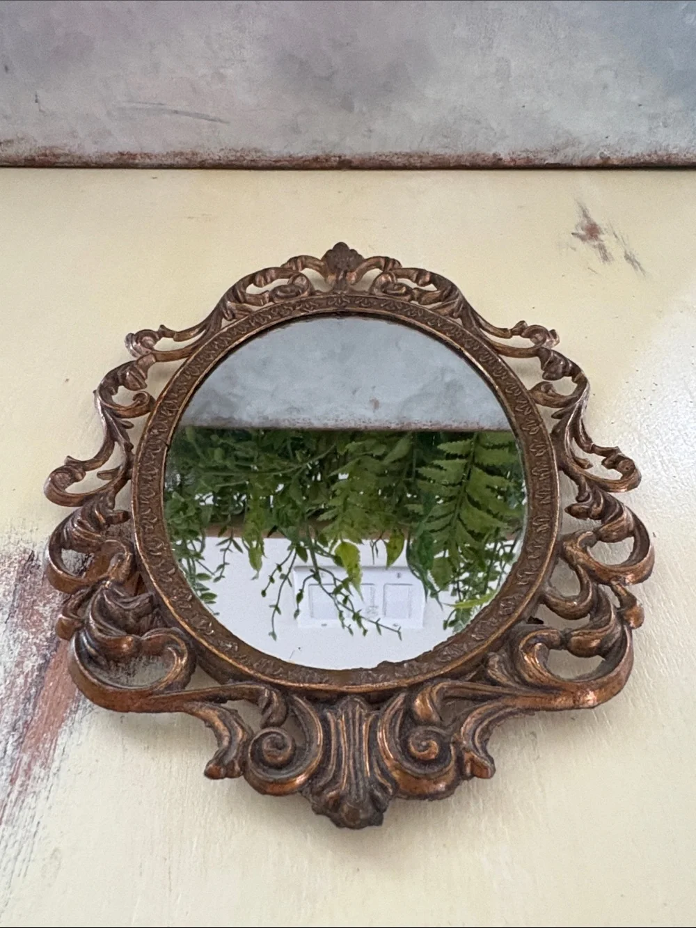 Vintage Antique Italian framed “Action”Oval Mirror Metal Filigree Wall Hanging